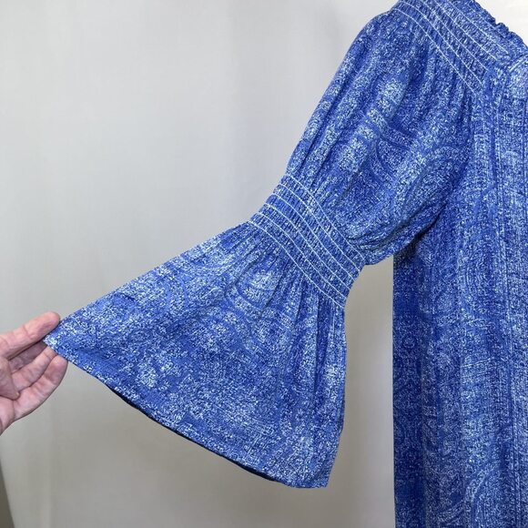 Luxology boho shift puff bell sleeve rayon polyester blue women dress sz 8 - Picture 2 of 11